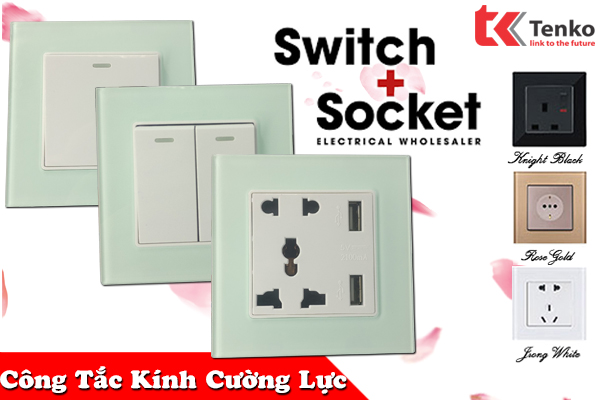Công Tắc Ổ Cắm  Vuông Kính Cường Lực Xanh Mint Tenko TK-F71D Mint Mode