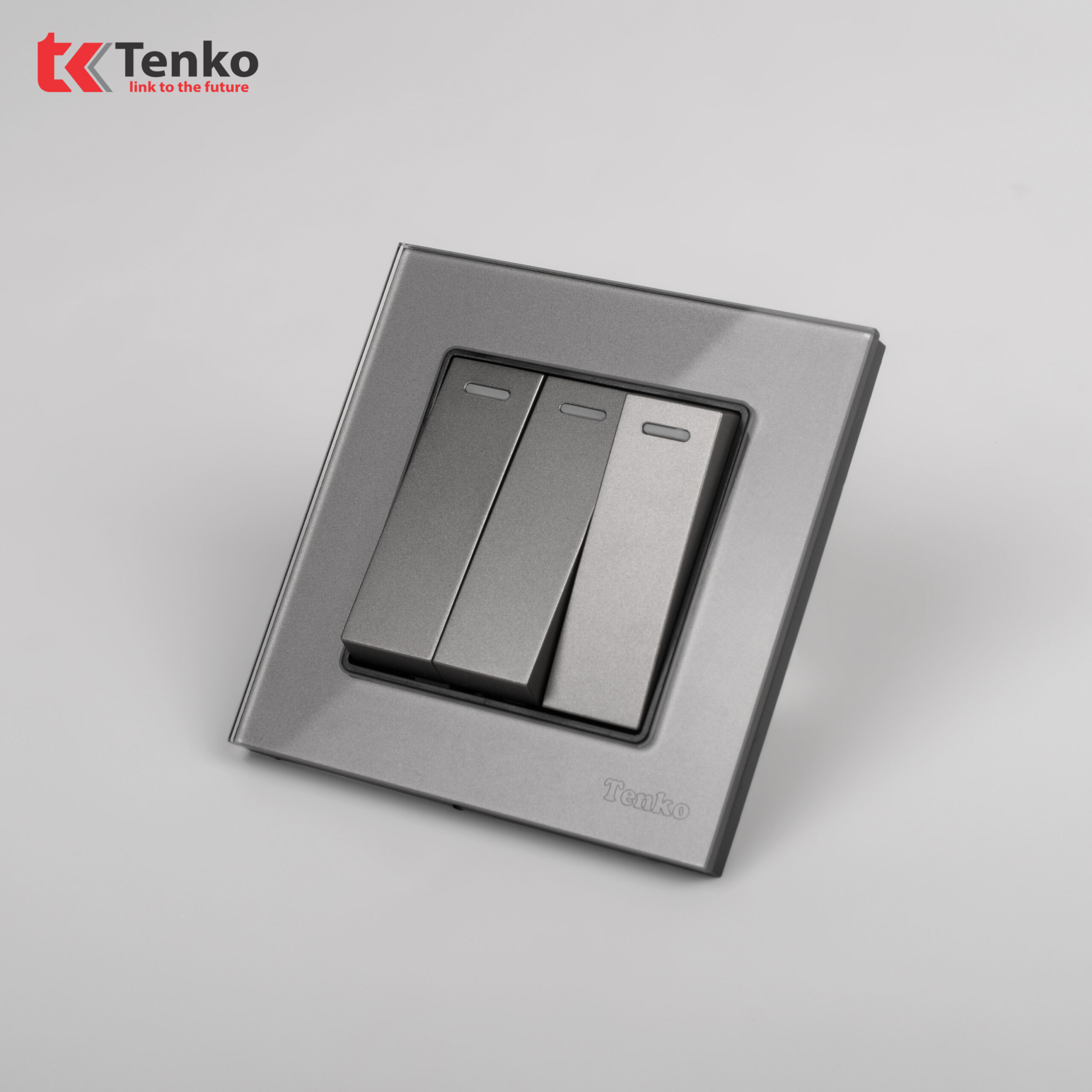 Công Tắc 3 Hạt Âm Tường Mặt Vuông Kính Cường Lực Tenko TK-F71D-03 Xám