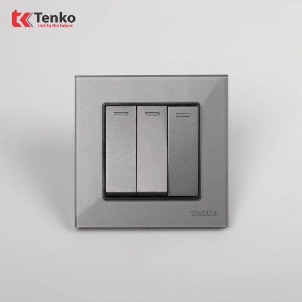 Công Tắc 3 Hạt Âm Tường Mặt Vuông Kính Cường Lực Tenko TK-F71D-03 Xám