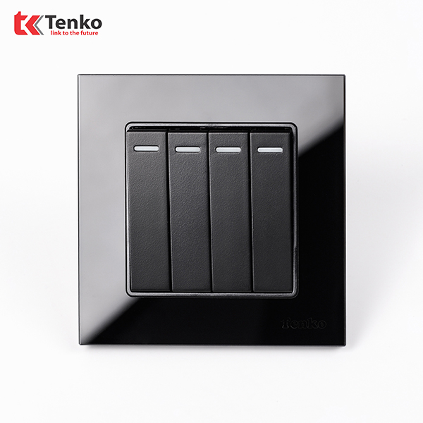Công Tắc 4 Hạt Mặt Vuông Kính Cường Lực Tenko TK-F71D-04 Đen
