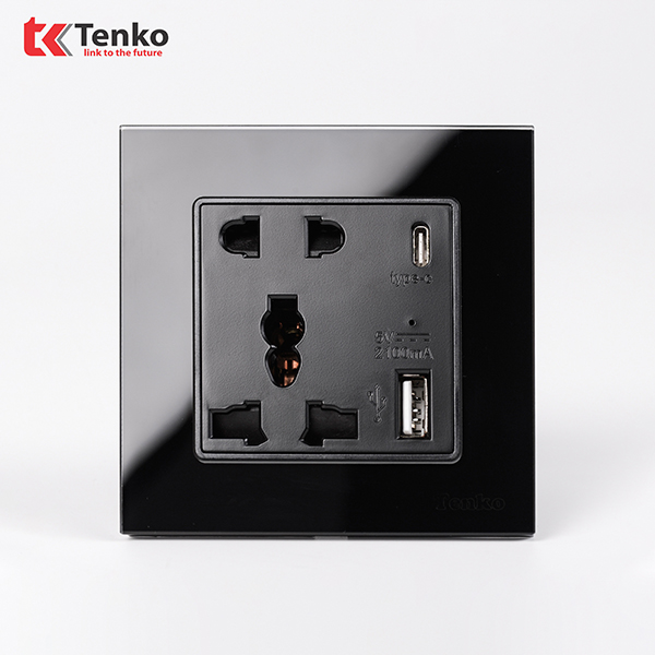 Ổ Cắm USB Âm Tường Mặt Kính Cường Lực Tenko TK-F71D-44 Đen