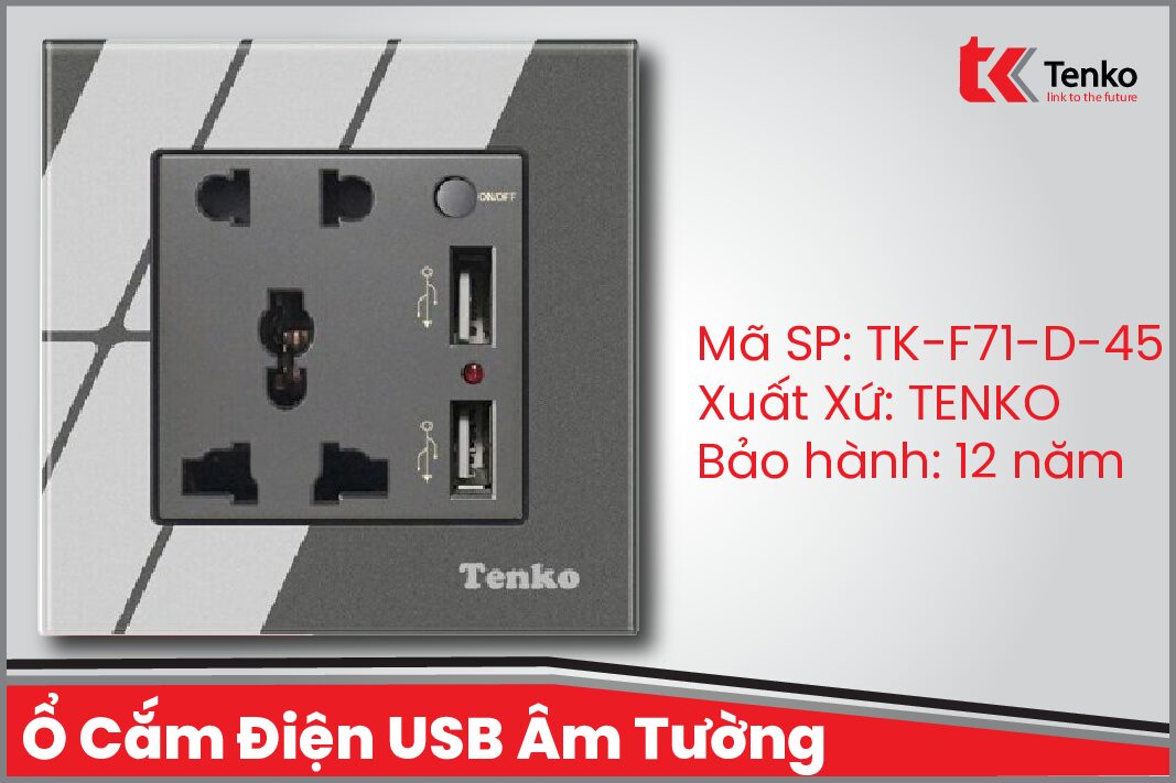 Ổ Cắm Điện USB Âm Tường Mặt Kính Cường Lực TK-F71D-45 Có Nút Nguồn Mode Grey