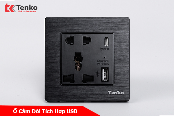 Ổ Cắm USB Âm Tường 5V-2100mAh Chính Hãng Tenko Mặt Nhôm Phay TK-F71-B-44 Đen