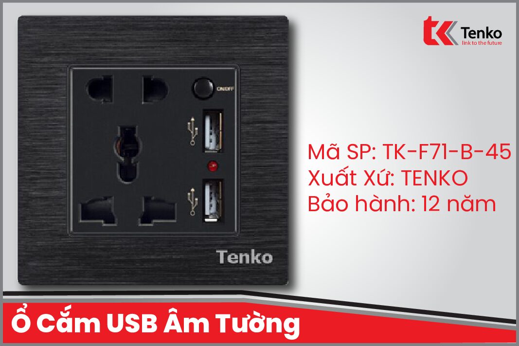 Ổ Cắm USB Âm Tường Có Công Tắc Nguồn Chính Hãng Tenko Mặt Nhôm Phay TK-F71-B-45 Màu Đen
