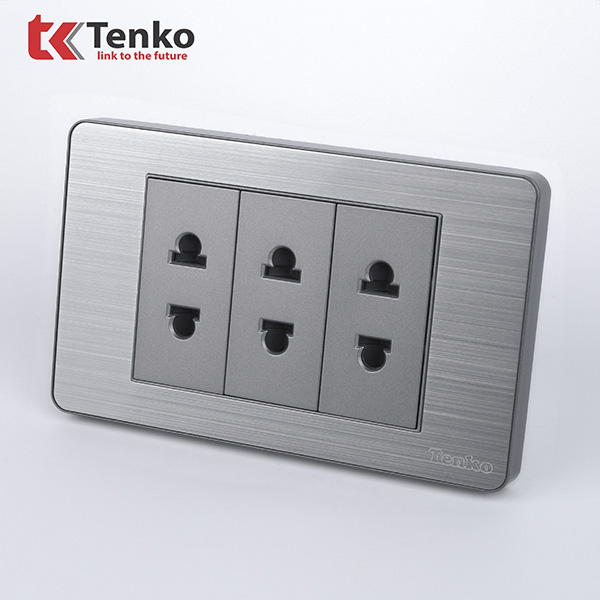 Ổ Cắm Điện Đôi Màu Xám 2 Chấu Âm Tường Mặt Hợp Kim Tenko TK-C7-020