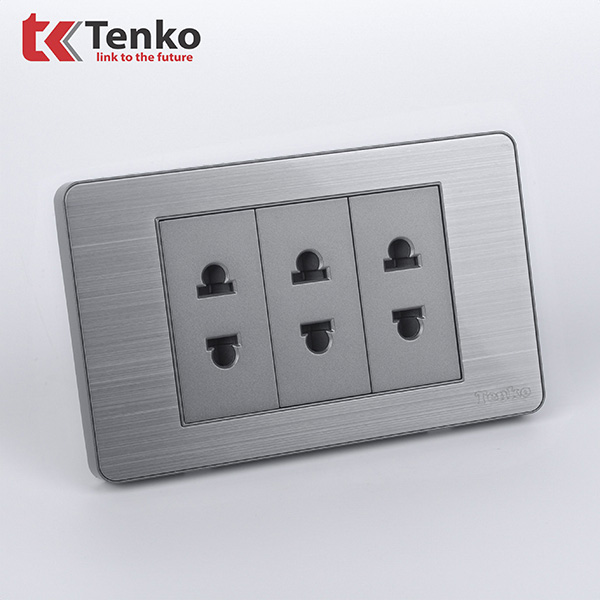 Ổ Cắm Điện Đôi Màu Xám 2 Chấu Âm Tường Mặt Hợp Kim Tenko TK-C7-020