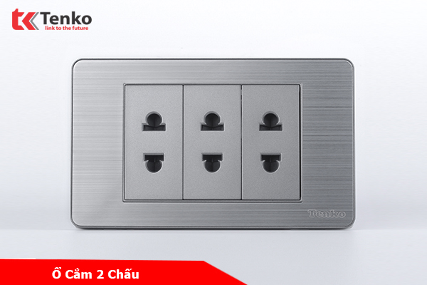 Ổ Cắm Điện Đôi Màu Xám 2 Chấu Âm Tường Mặt Hợp Kim Tenko TK-C7-020