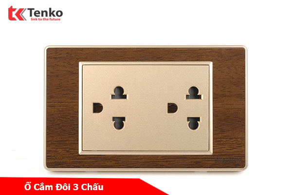 Ổ Cắm Điện Đôi 3 Chấu Âm Tường Vân Gỗ Có Màng Che Chống Giật Tenko TK-C6-043