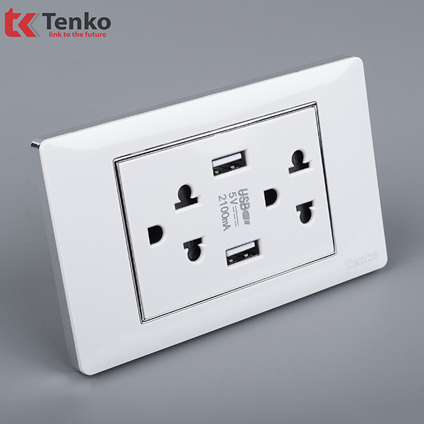 Ổ Điện Đôi 3 Chấu Tích Hợp 2 Cổng USB Sạc Âm Tường Màu Trắng Viền Bạc TENKO TK-C27-045