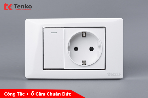 Ổ Cắm Chuẩn Đức Schuko Kết Hợp Công Tắc – Mặt Nhựa Trắng Viền Bạc Tenko TK-C27-063