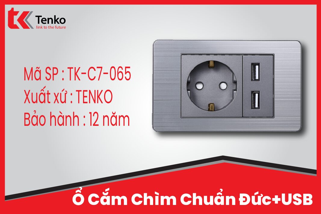 Ổ Cắm Chìm Chuẩn Đức Có USB Màu Xám Âm Tường Mặt Hợp Kim Tenko TK-C7-065