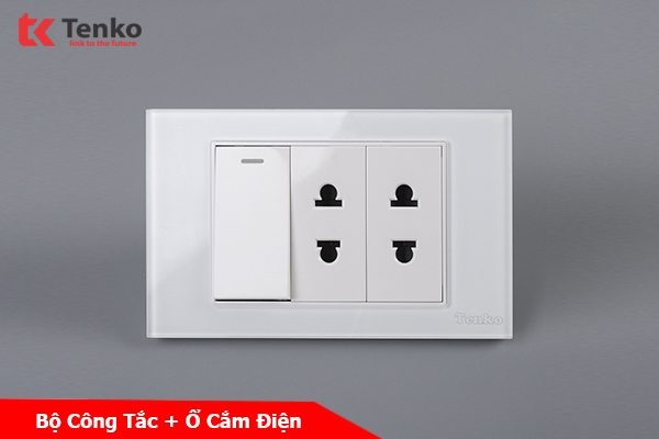 Công Tắc Ổ Cắm Đôi 2 Chấu Âm Tường Mặt Kính Cường Lực TENKO TK-C18-025 Trắng