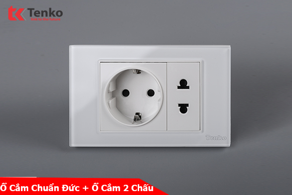 Ổ Cắm Chìm 2 Chấu Chuẩn Đức 16A Âm Tường Mặt Kính Cường Lực TENKO TK-C18-T059 Trắng