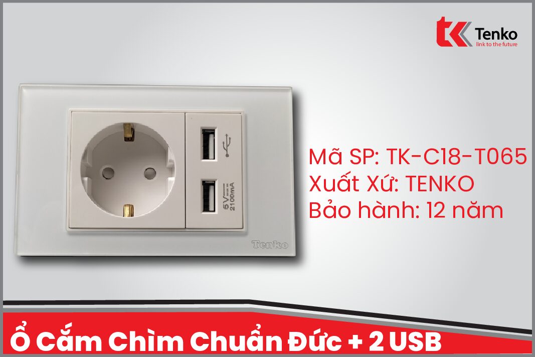 Ổ Cắm Chìm Chuẩn Đức + 2 USB Sạc Nhanh 2100mAh Mặt Kính Cường Lực TENKO TK-C18-065 Trắng