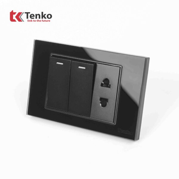Công Tắc 2 Nút Và Ổ Cắm Đôi Âm Tường Mặt Kính Cường Lực Màu Đen TENKO TK-C18-027
