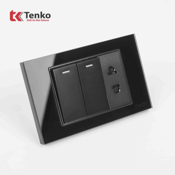 Công Tắc 2 Nút Và Ổ Cắm Đôi Âm Tường Mặt Kính Cường Lực Màu Đen TENKO TK-C18-027