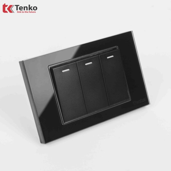 Công Tắc 3 Nút Âm Tường Mặt Kính Cường Lực Cao Cấp TENKO TK-C18-03 ĐEN