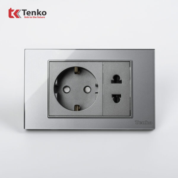 Ổ Cắm Chìm 2 Chấu Chuẩn Đức 16A Âm Tường Mặt Kính Cường Lực Xám TENKO TK-C18-059