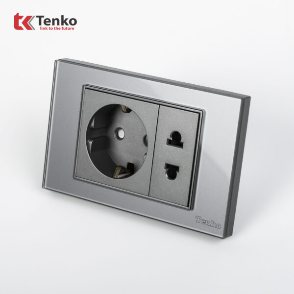 Ổ Cắm Chìm 2 Chấu Chuẩn Đức 16A Âm Tường Mặt Kính Cường Lực Xám TENKO TK-C18-059