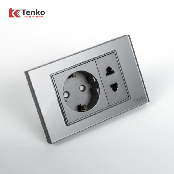 Ổ Cắm Chìm 2 Chấu Chuẩn Đức 16A Âm Tường Mặt Kính Cường Lực Xám TENKO TK-C18-059