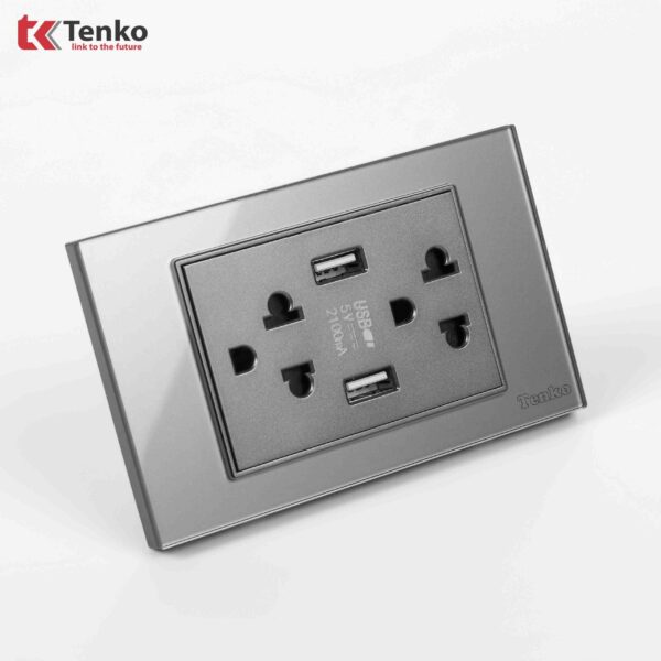 Ổ Cắm USB Âm tường Mặt Kính Cường Lực Xám TENKO TK-C18-045