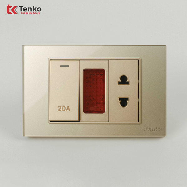 Công Tắc Đèn Báo 20A + Ổ Cắm Mặt Kính Cường Lực Màu Vàng Tenko TK-C18-080