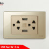 Ổ cắm đôi 3 chấu tích hợp 2 USB sạc mặt kính cường lực màu vàng TK-C18-045USB