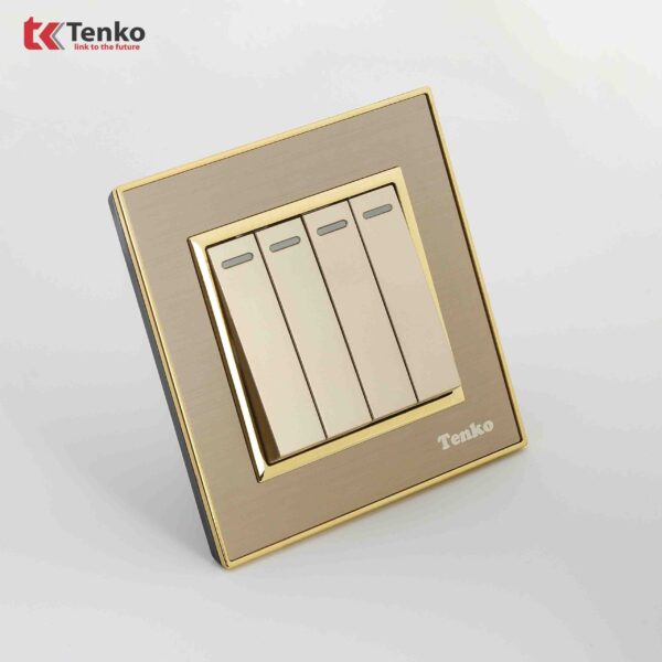 Công Tắc 4 Nút Mặt Thép Không Rỉ Vân Xước Tenko TK-F66-B9-04 Vàng