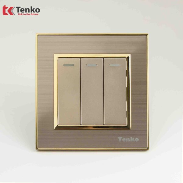 Công Tắc 3 Nút Mặt Mặt Thép Không Rỉ Vân Xước Tenko TK-F66-B9-03 Vàng