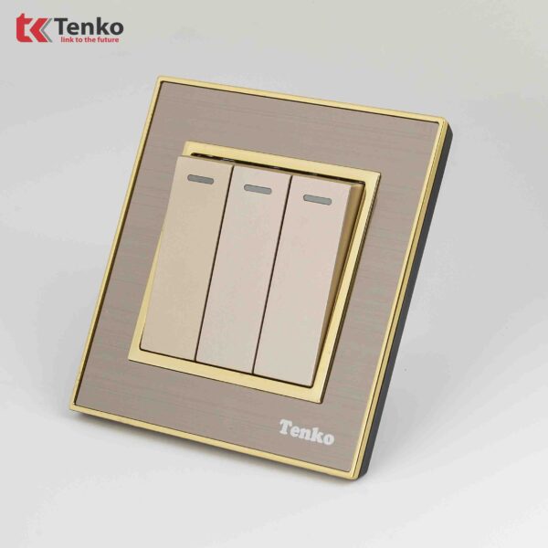 Công Tắc 3 Nút Mặt Mặt Thép Không Rỉ Vân Xước Tenko TK-F66-B9-03 Vàng