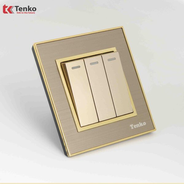 Công Tắc 3 Nút Mặt Mặt Thép Không Rỉ Vân Xước Tenko TK-F66-B9-03 Vàng