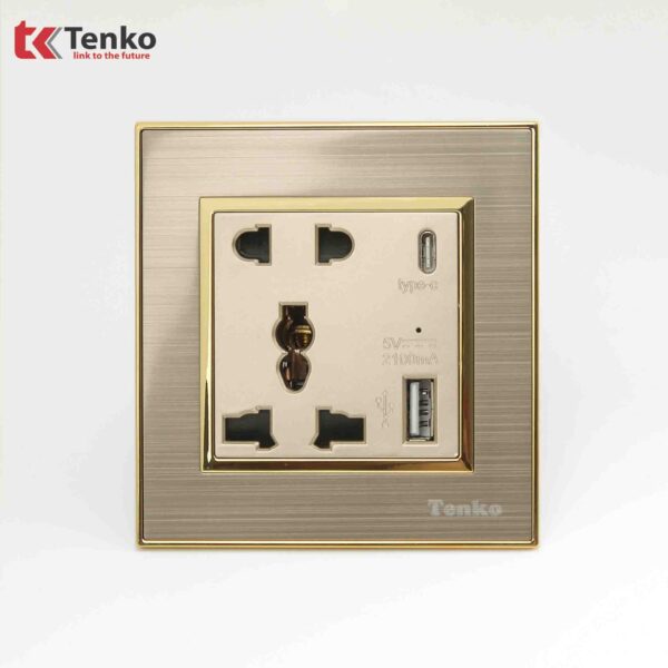 Ổ Cắm Đôi Tích Hợp USB Mặt Nhôm Phay Tenko TK-F66-B9-44 Vàng