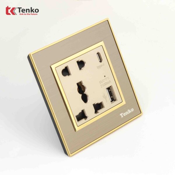 Ổ Cắm Đôi Tích Hợp USB Mặt Nhôm Phay Tenko TK-F66-B9-44 Vàng