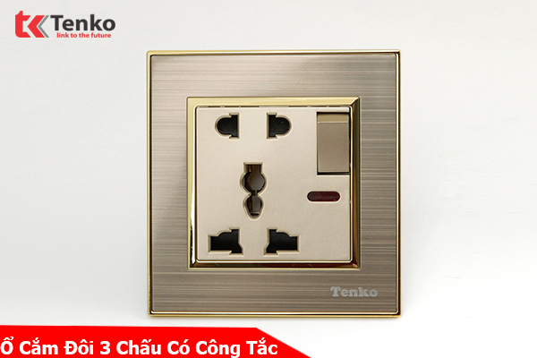 Ổ Cắm Đôi 3 Chấu Kèm Công Tắc Mặt Nhôm Phay Tenko TK-F66-B9-28 Vàng