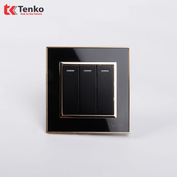Công Tắc Âm Tường 3 Nút Mặt Vuông Nhựa Đen Viền Vàng Tenko TK-F66-03