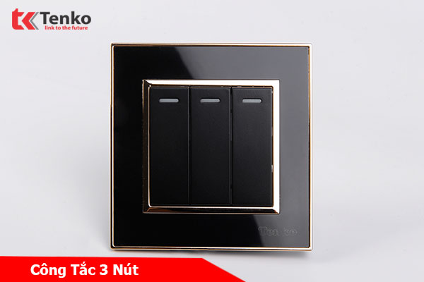 Công Tắc Âm Tường 3 Nút Mặt Vuông Nhựa Đen Viền Vàng Tenko TK-F66-03