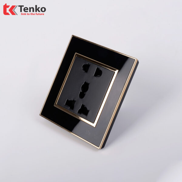 Ổ Cắm Đôi 3 Chấu Âm Tường Nhựa Đen Viền Vàng TK-F66-18