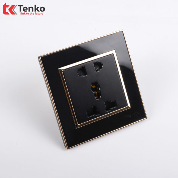 Ổ Cắm Đôi 3 Chấu Âm Tường Nhựa Đen Viền Vàng TK-F66-18