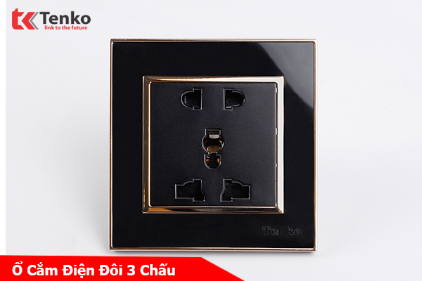 Ổ Cắm Đôi 3 Chấu Âm Tường Nhựa Đen Viền Vàng TK-F66-18