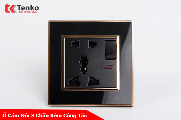 Ổ Cắm Đôi 3 Chấu Kèm công Tắc Mặt Nhựa Đen Viền Vàng Tenko TK-F66-28