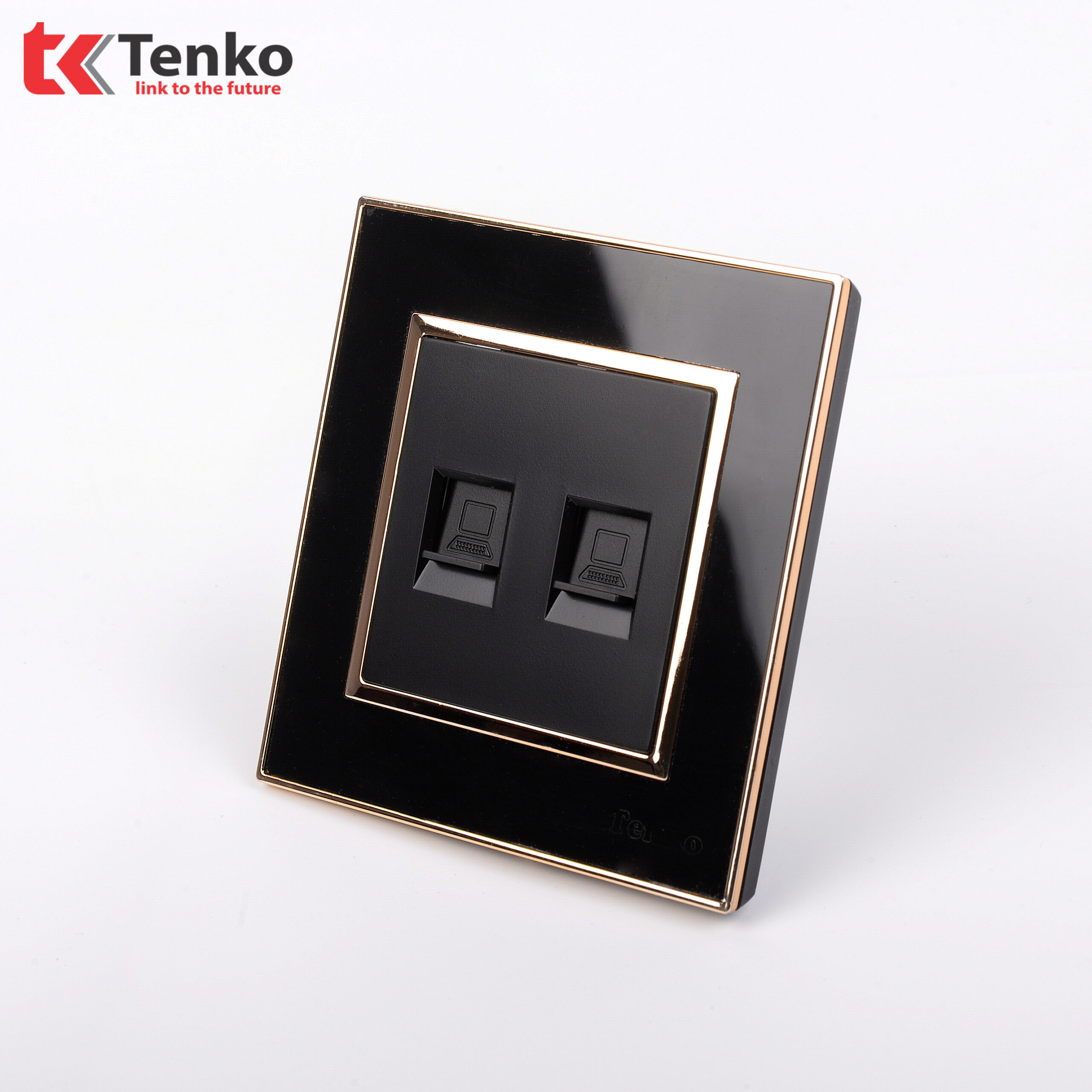 2 Ổ Cắm Mạng Mặt Vuông Nhựa Đen Viền Vàng Tenko TK-F66-52