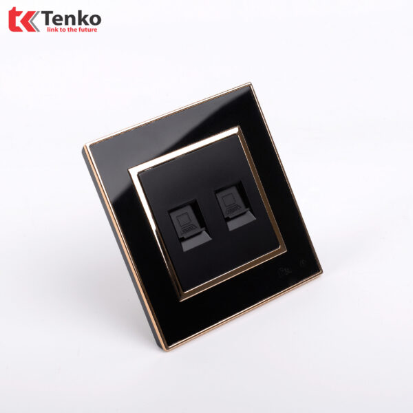 2 Ổ Cắm Mạng Mặt Vuông Nhựa Đen Viền Vàng Tenko TK-F66-52
