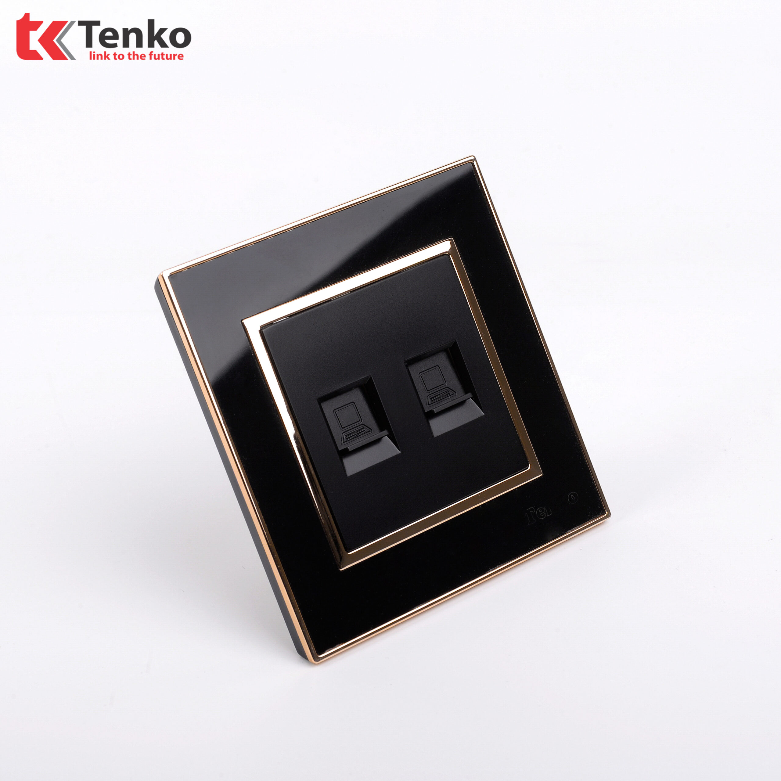 2 Ổ Cắm Mạng Mặt Vuông Nhựa Đen Viền Vàng Tenko TK-F66-52