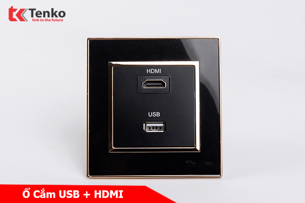 Ổ Cắm HDMI + USB Mặt Vuông Nhựa Đen Viền Vàng Tenko TK-F66-76