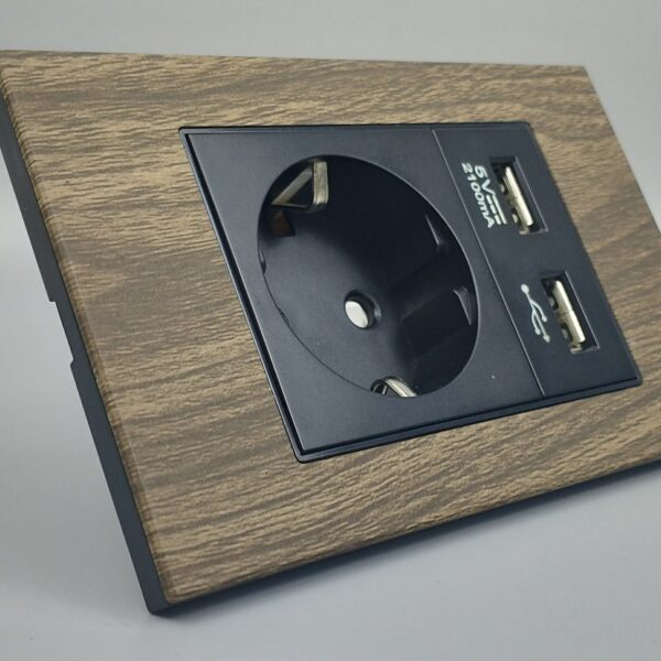 Ổ Cắm Điện Chống Giật Chuẩn Đức Tích Hợp 2 Cổng USB Sạc 5V Vân Gỗ Tenko TK-C6A-065