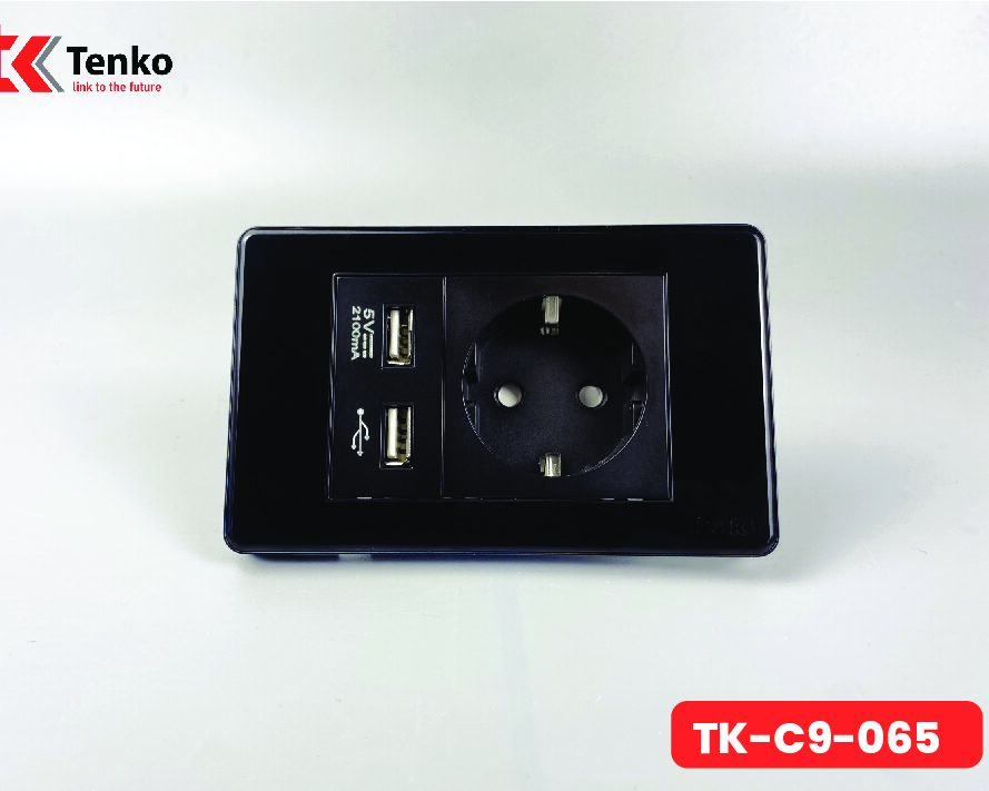 Ổ Cắm Chuẩn Đức Tích Hợp 2 Cổng USB Âm Tường Mặt Nhựa TK-C9-065 Đen
