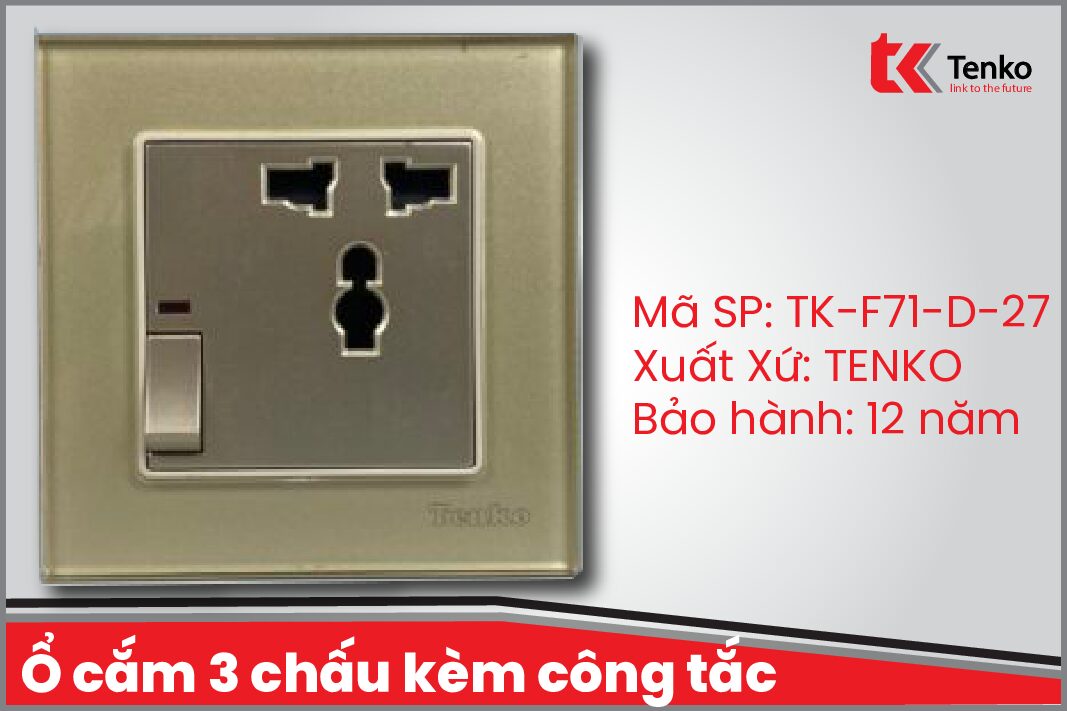 Ổ Cắm 3 Chấu Kèm Công Tắc Mặt Kính Cường Lực TK-F71D-27 Vàng