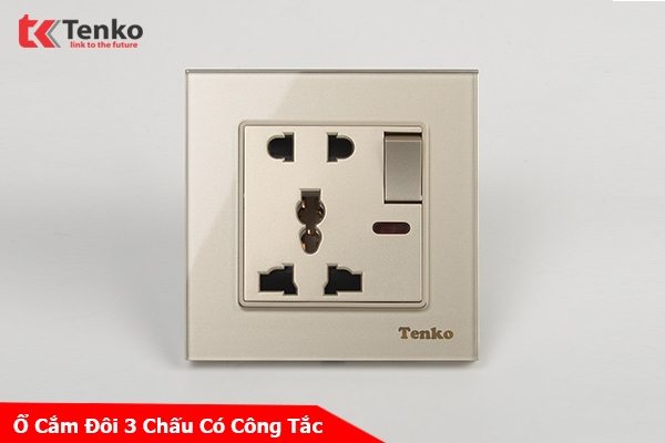 Ổ Cắm Đôi 3 Chấu Kèm Công Tắc Mặt Kính Cường Lực Tenko TK-F71D-28 Vàng
