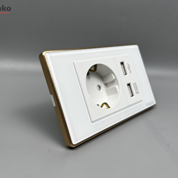 Ổ Cắm Chìm Chuẩn Đức + 2 USB Sạc Nhanh 2100mAh Mặt Kính Cường Lực Trắng Viền Vàng TENKO TK-C18W-065