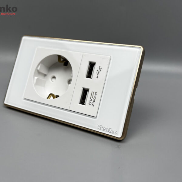 Ổ Cắm Chìm Chuẩn Đức + 2 USB Sạc Nhanh 2100mAh Mặt Kính Cường Lực Trắng Viền Vàng TENKO TK-C18W-065